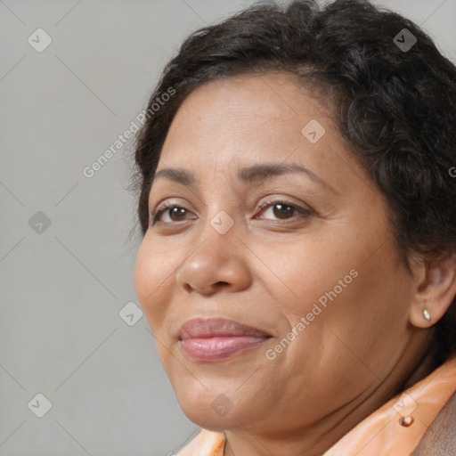 Joyful white adult female with short  brown hair and brown eyes