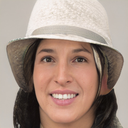 Joyful white young-adult female with medium  black hair and brown eyes