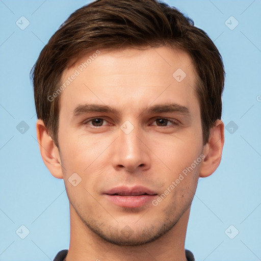 Neutral white young-adult male with short  brown hair and brown eyes