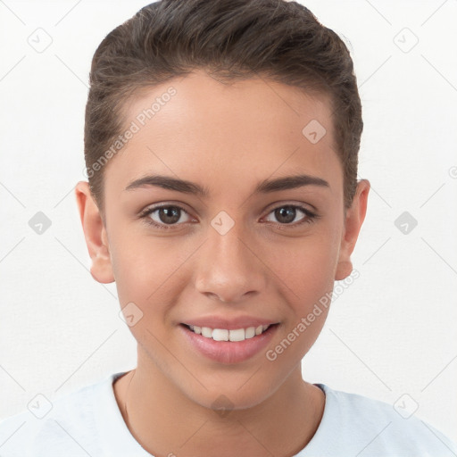 Joyful white young-adult female with short  brown hair and brown eyes