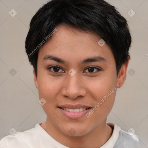 Joyful asian young-adult female with short  brown hair and brown eyes