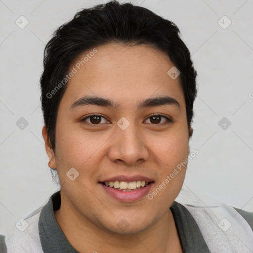 Joyful latino young-adult male with short  black hair and brown eyes