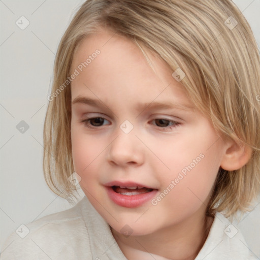 Joyful white child female with medium  brown hair and grey eyes