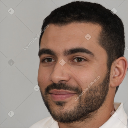 Joyful white young-adult male with short  black hair and brown eyes