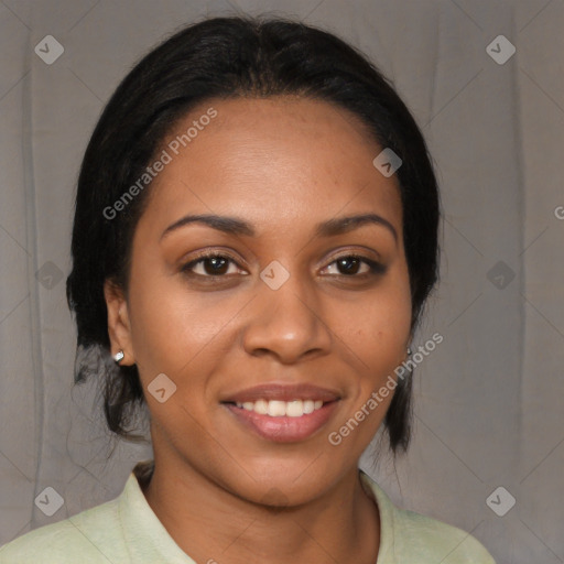 Joyful black young-adult female with medium  brown hair and brown eyes