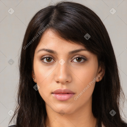 Neutral latino young-adult female with long  brown hair and brown eyes