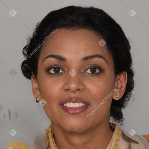 Joyful latino young-adult female with medium  brown hair and brown eyes