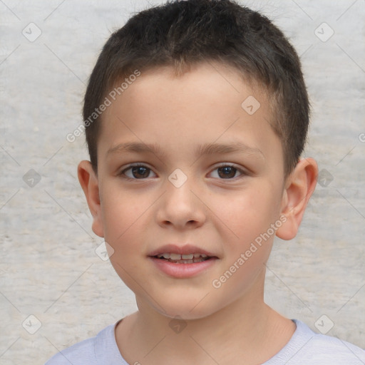 Joyful white child male with short  brown hair and brown eyes