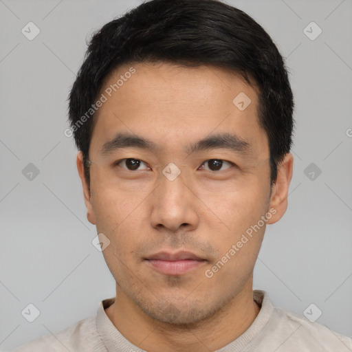 Neutral asian young-adult male with short  black hair and brown eyes