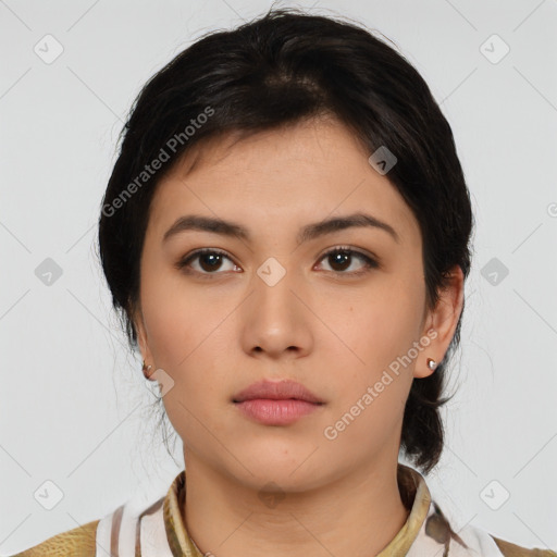 Neutral asian young-adult female with medium  black hair and brown eyes