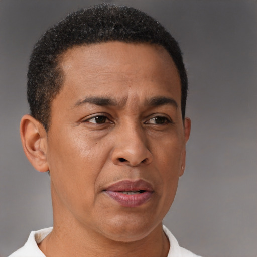 Joyful black adult male with short  brown hair and brown eyes