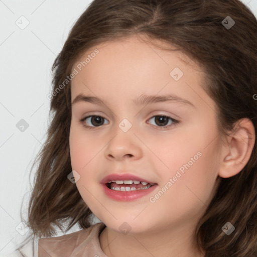 Joyful white child female with medium  brown hair and brown eyes