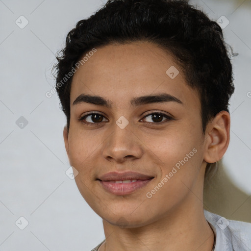 Joyful latino young-adult female with short  brown hair and brown eyes