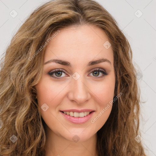 Joyful white young-adult female with long  brown hair and green eyes