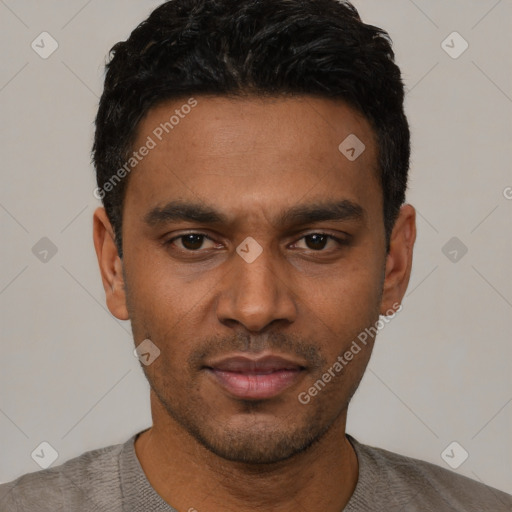 Neutral latino young-adult male with short  black hair and brown eyes