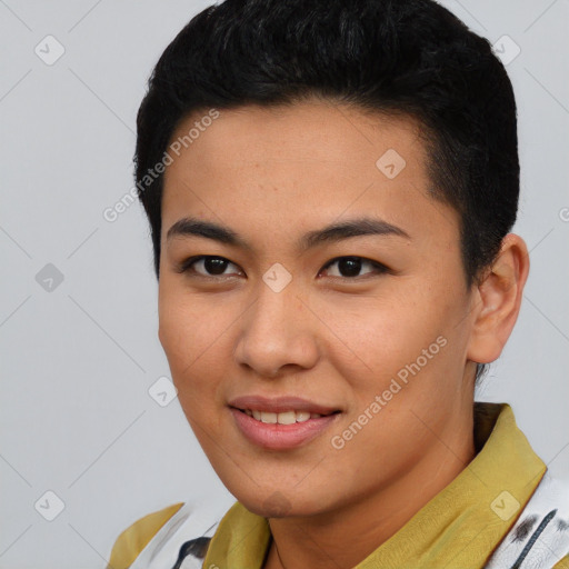 Joyful asian young-adult female with short  brown hair and brown eyes