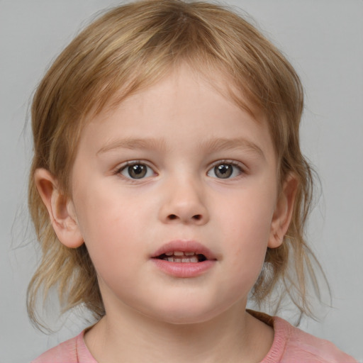 Neutral white child female with medium  brown hair and blue eyes