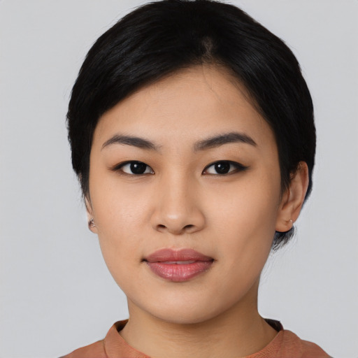Neutral asian young-adult female with short  black hair and brown eyes