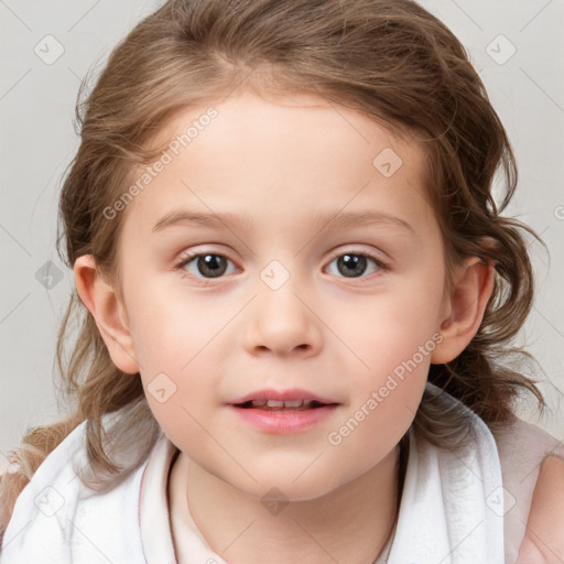 Neutral white child female with medium  brown hair and blue eyes