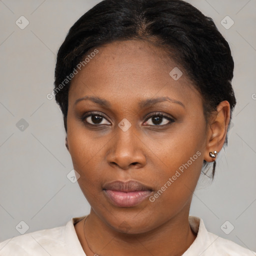 Neutral black young-adult female with short  black hair and brown eyes