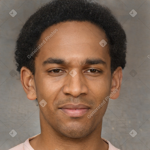 Joyful latino young-adult male with short  brown hair and brown eyes