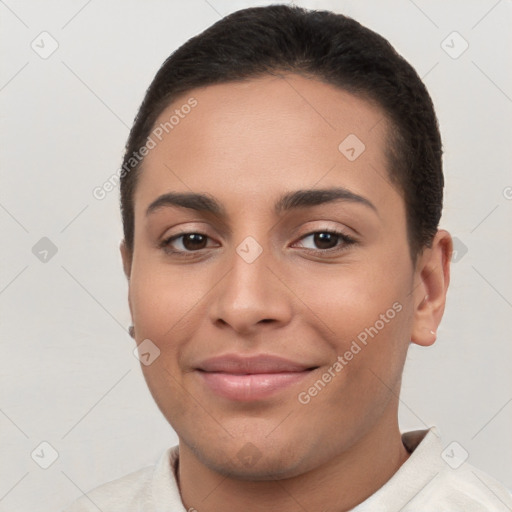 Joyful white young-adult female with short  brown hair and brown eyes