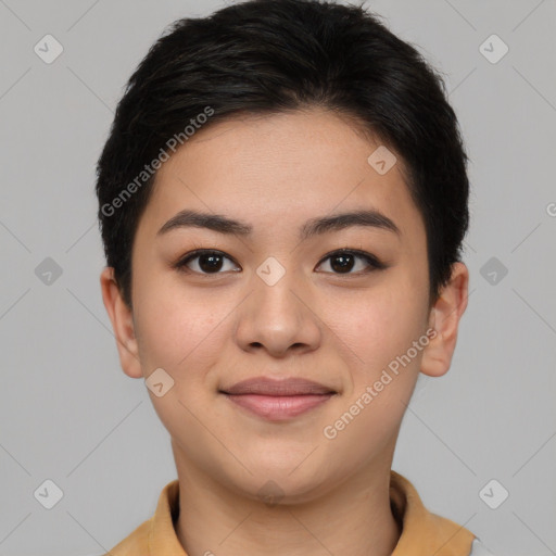 Joyful asian young-adult female with short  brown hair and brown eyes