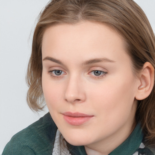 Neutral white young-adult female with medium  brown hair and blue eyes