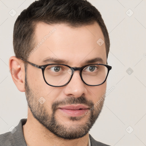 Neutral white young-adult male with short  brown hair and brown eyes