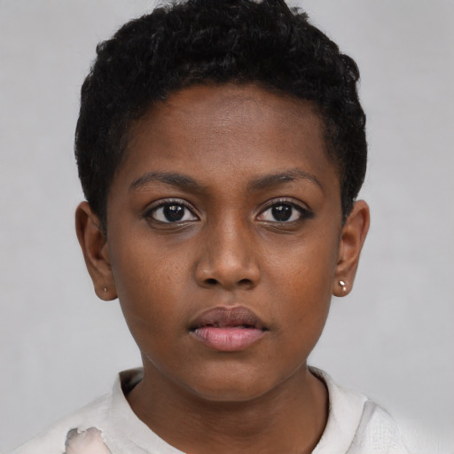 Neutral black young-adult female with short  brown hair and brown eyes