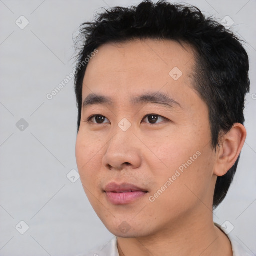 Neutral asian young-adult male with short  black hair and brown eyes