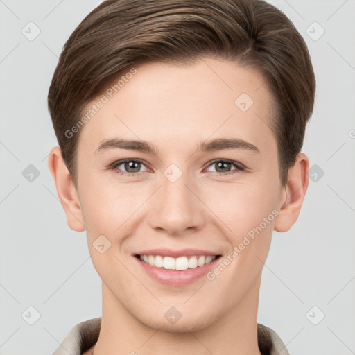 Joyful white young-adult female with short  brown hair and brown eyes