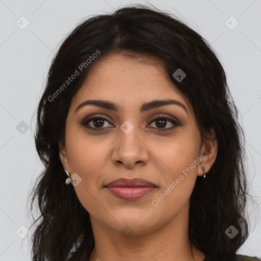 Joyful latino young-adult female with long  brown hair and brown eyes