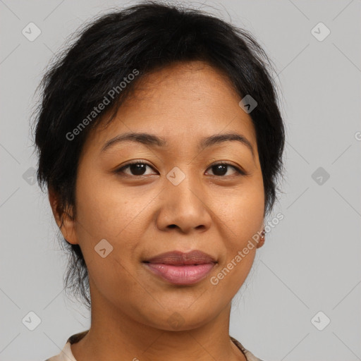 Joyful asian adult female with medium  brown hair and brown eyes