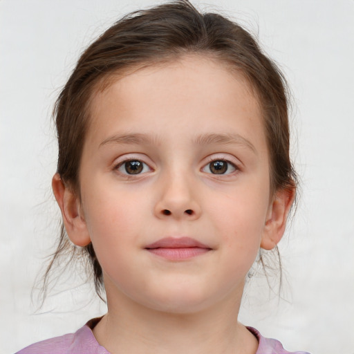 Neutral white child female with medium  brown hair and blue eyes