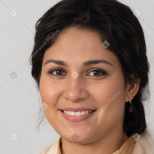 Joyful white young-adult female with medium  brown hair and brown eyes