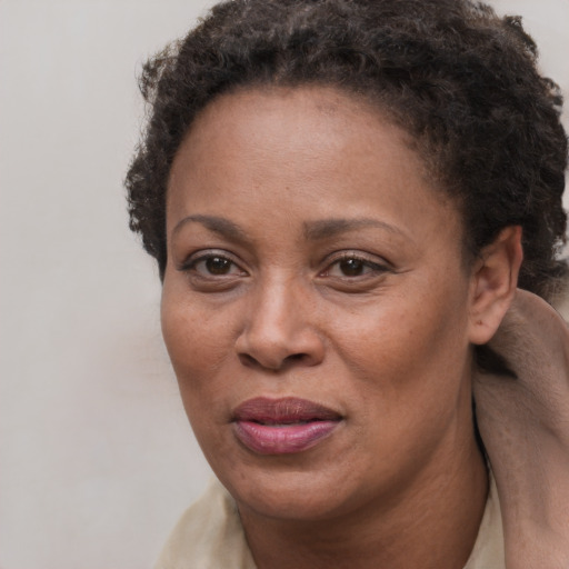 Joyful black adult female with short  brown hair and brown eyes