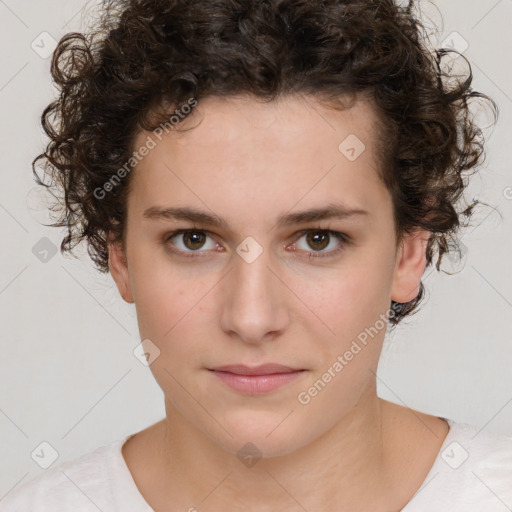 Neutral white young-adult female with short  brown hair and brown eyes