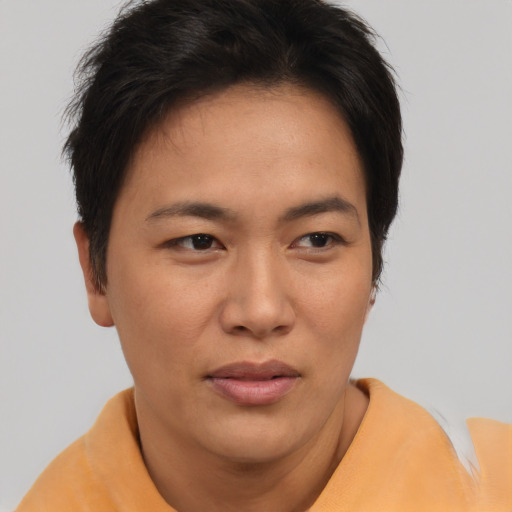 Joyful asian young-adult female with short  brown hair and brown eyes