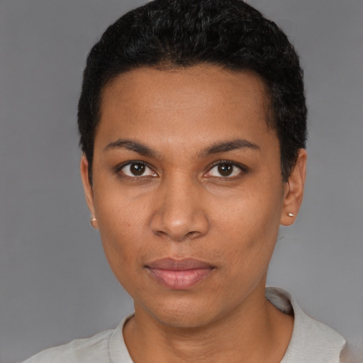 Neutral black young-adult female with short  black hair and brown eyes