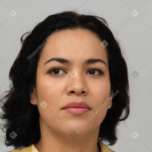 Neutral asian young-adult female with medium  black hair and brown eyes