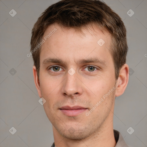 Neutral white young-adult male with short  brown hair and grey eyes