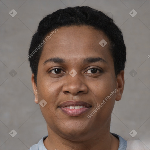 Joyful black young-adult male with short  brown hair and brown eyes