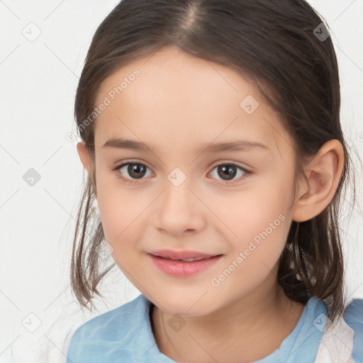 Joyful white child female with medium  brown hair and brown eyes