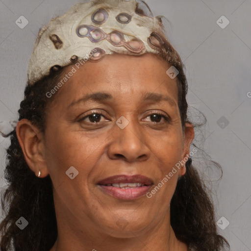 Joyful black adult female with medium  brown hair and brown eyes