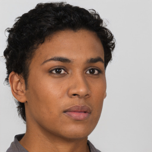 Neutral latino young-adult female with short  brown hair and brown eyes