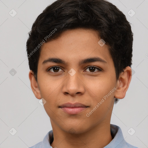 Joyful latino young-adult male with short  brown hair and brown eyes