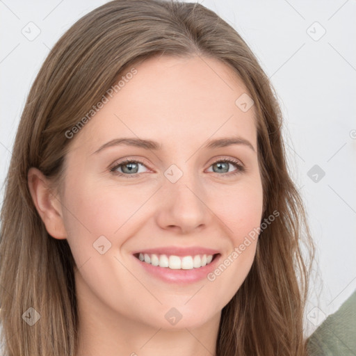 Joyful white young-adult female with long  brown hair and grey eyes