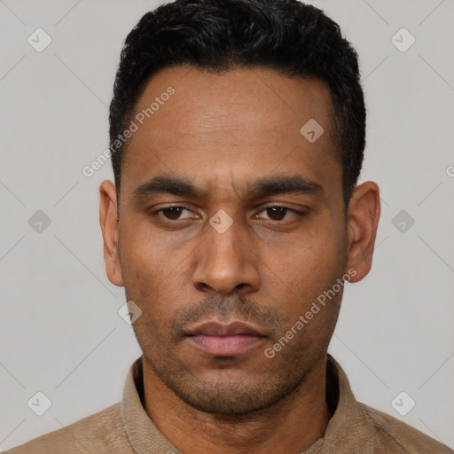 Neutral latino young-adult male with short  black hair and brown eyes