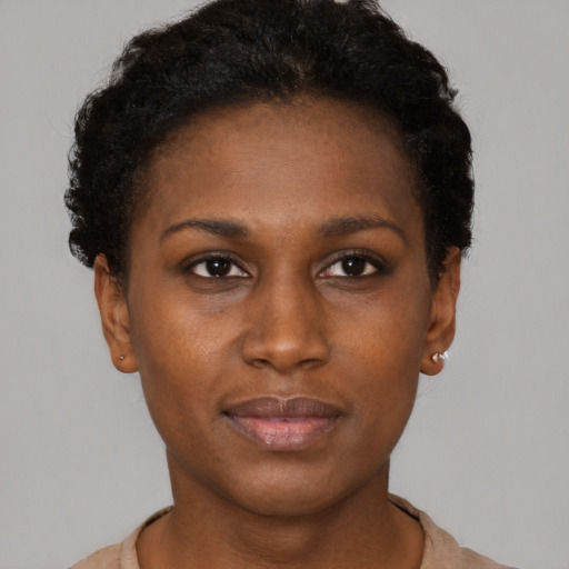 Neutral black young-adult female with short  brown hair and brown eyes